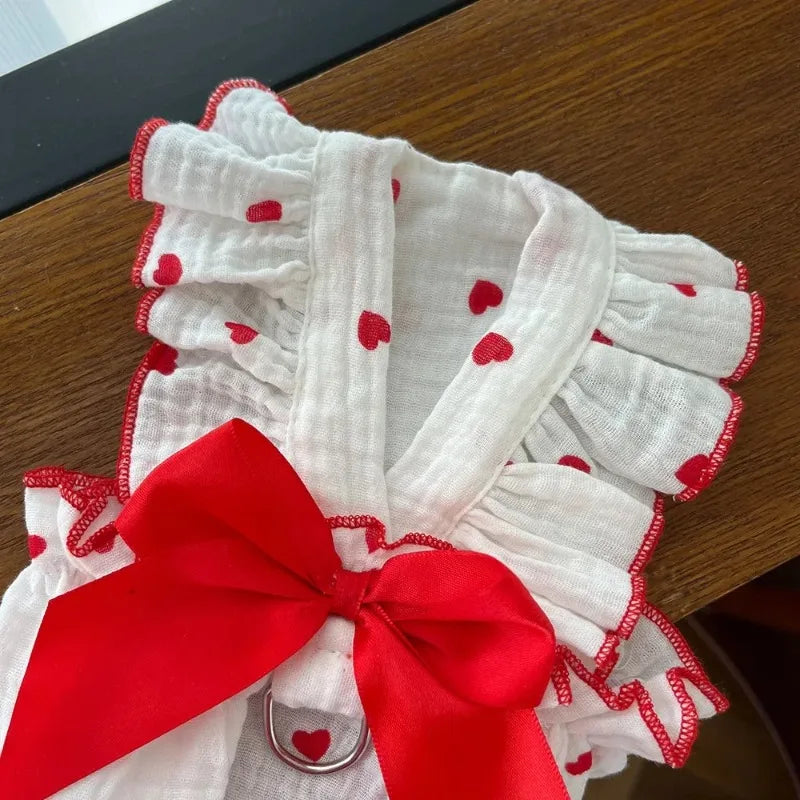 Heart Print Dog Dress with Bow – Cute Summer Princess Outfit for Small Dogs & Cats