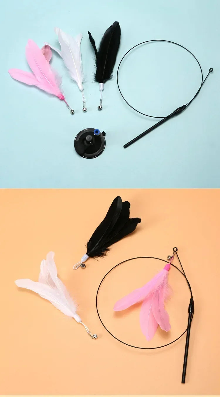 Interactive Suction Cup Feather Cat Wand Toy with Bell