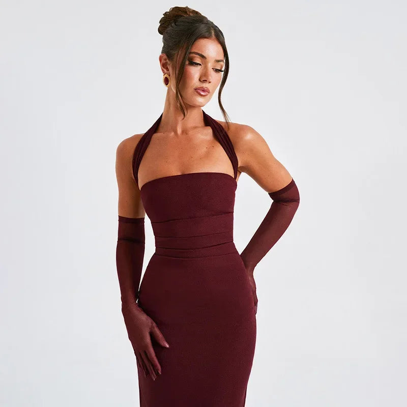Robe Longue Femme Style Français – Col Bardot Drapé, Taille Empire, Sans Manches – Élégante & Sexy