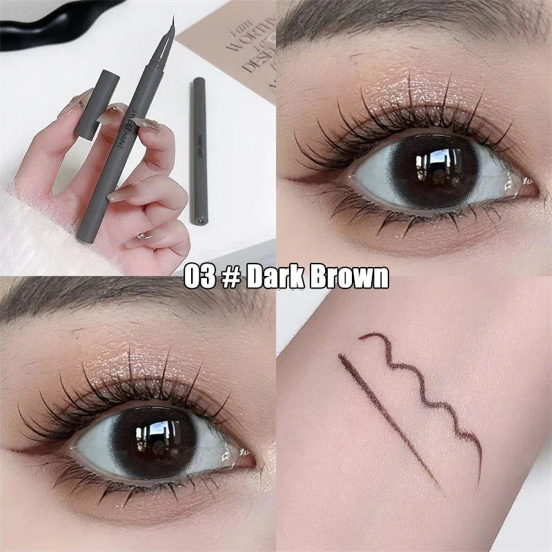 Eyeliner Liquide Courbé — séchage rapide, ultra-fin, facile à tracer, crayon noir et brun pour cils inférieurs, effet “lying silkworm”, maquillage des yeux