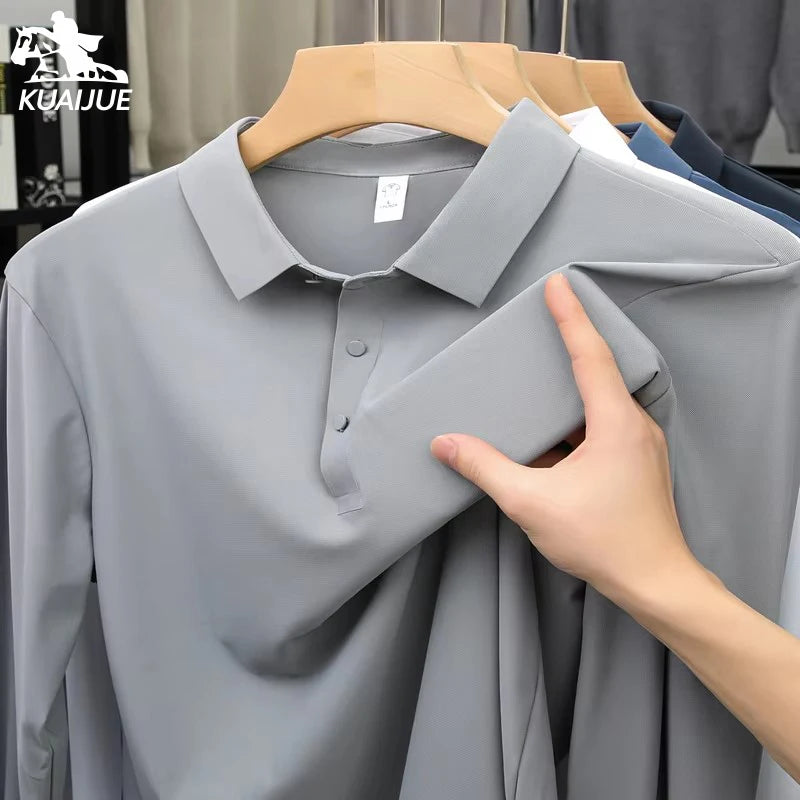 Hommes de haute qualité été nouveau revers hommes à manches longues polo broderie couleur unie affaires décontracté hommes polo