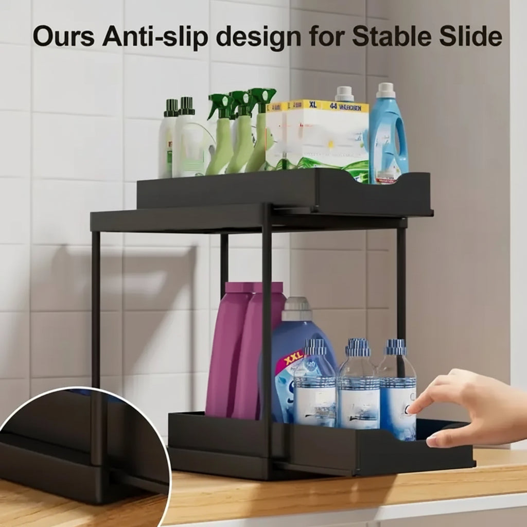 Double-Layer Pull-Out Kitchen Storage Rack – Under Sink Organizer with Hooks