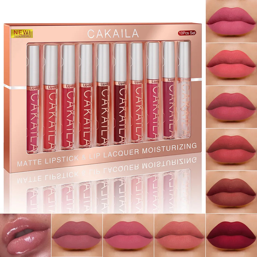 Coffret 10 pièces – Gloss à lèvres nude et rouges à lèvres liquide mat velours | Waterproof et longue tenue | Teintes hydratantes pour lèvres féminines