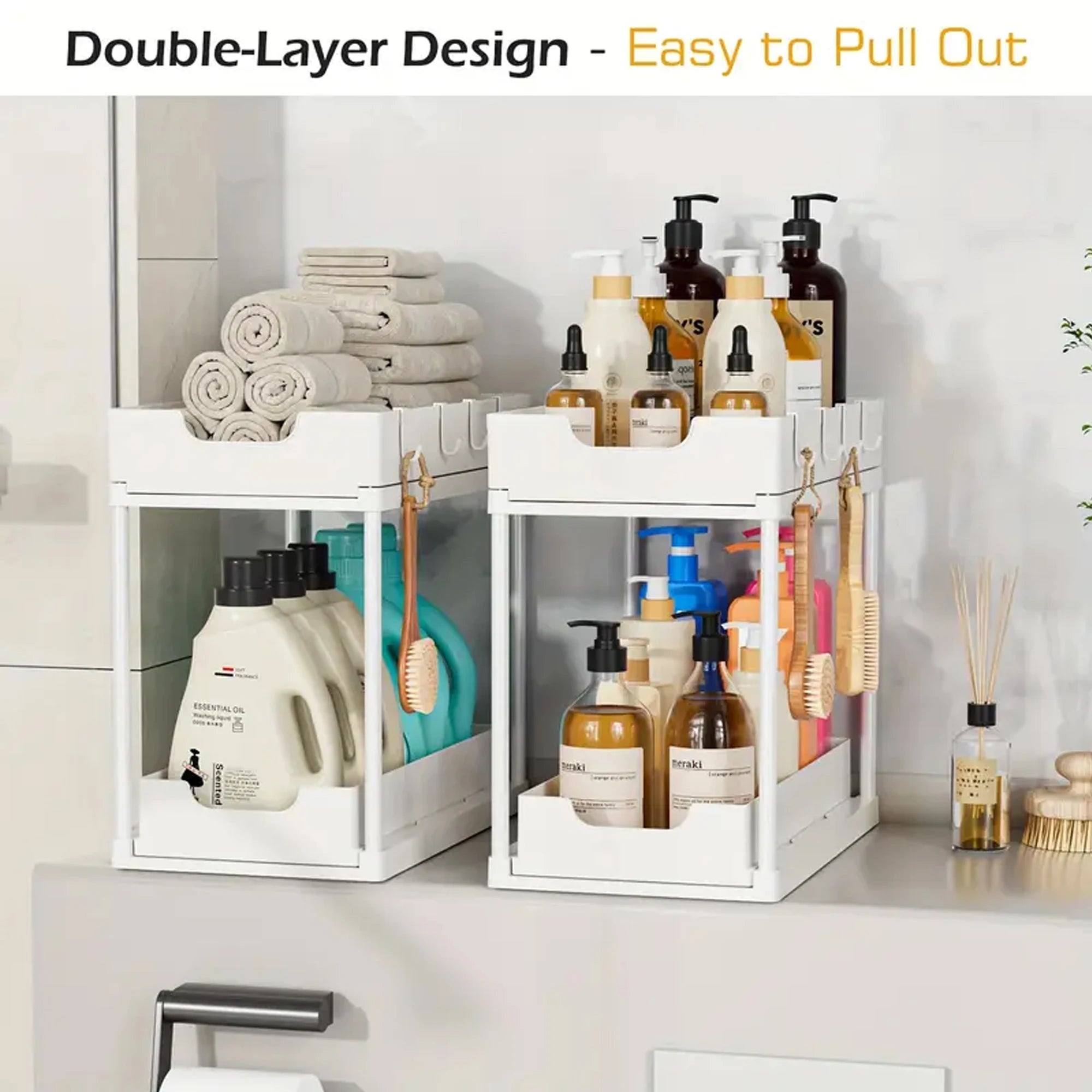 Double-Layer Pull-Out Kitchen Storage Rack – Under Sink Organizer with Hooks