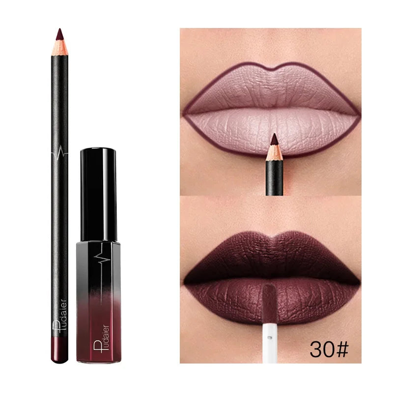 Set 2-en-1 rouge à lèvres mat velours – Crayon contour intégré | Tenue longue durée et waterproof | Gloss liquide et crayon pour un maquillage lèvres précis et élégant