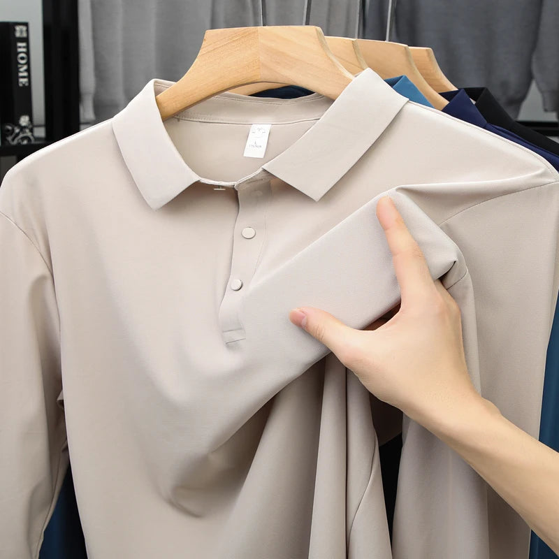 Hommes de haute qualité été nouveau revers hommes à manches longues polo broderie couleur unie affaires décontracté hommes polo