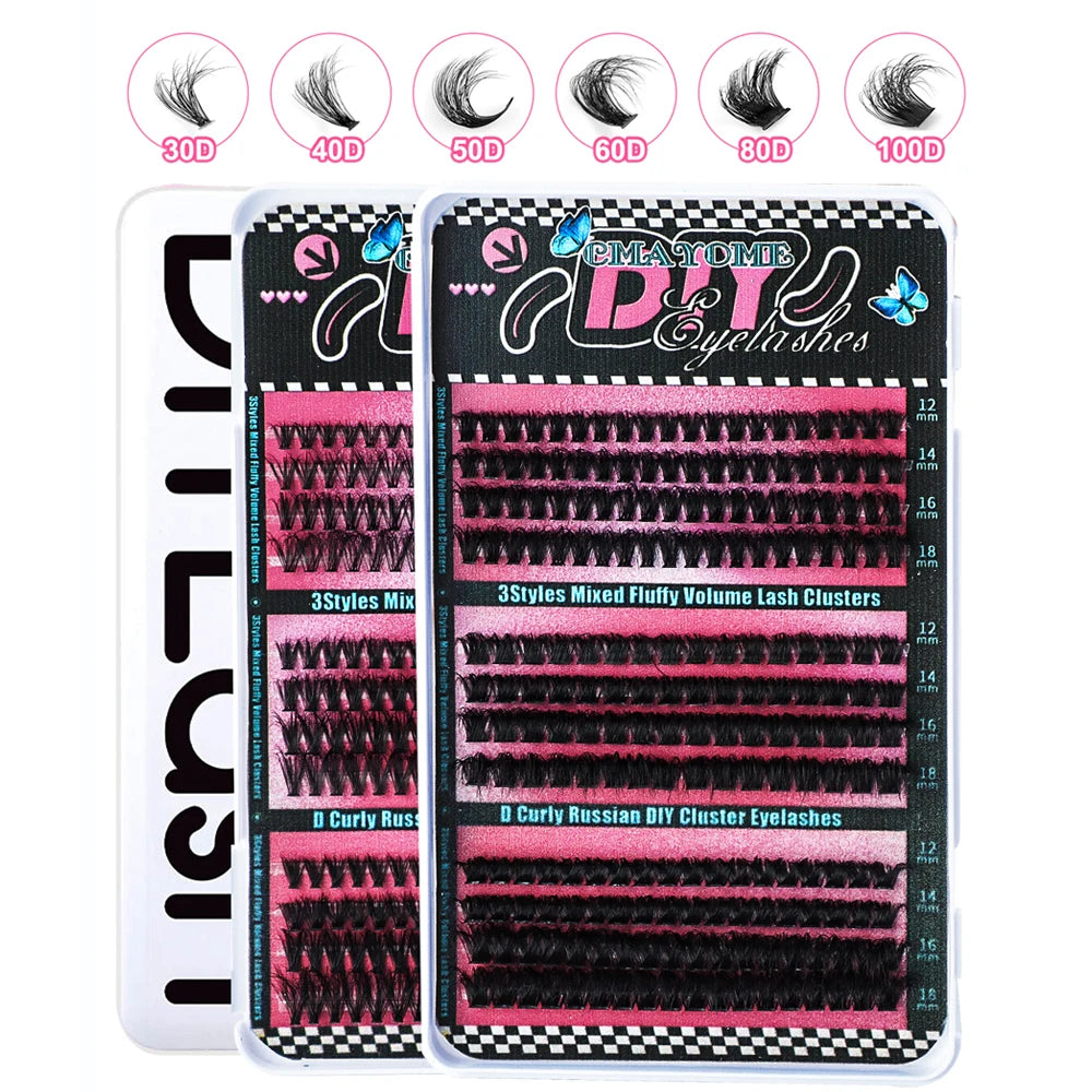 600 pcs Extensions de cils individuels – Grappes épaisses et volumineuses, 30D/100D, longueurs mixtes, DIY – Cils faciles à appliquer et à retirer