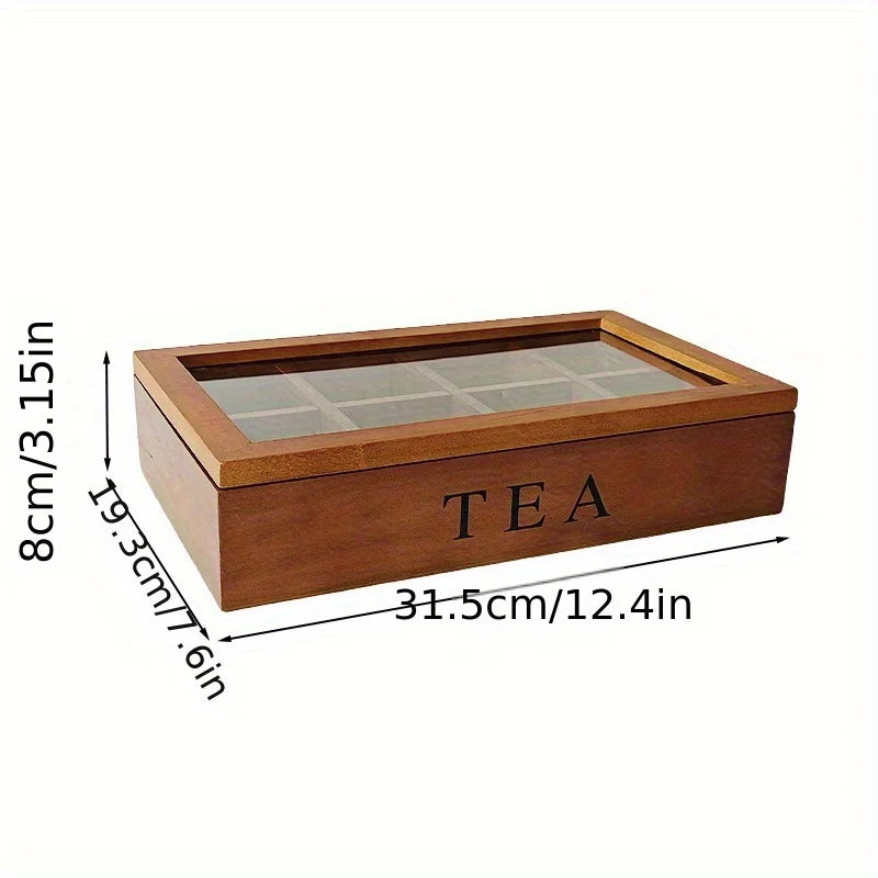 Wooden Tea Bag Storage Box with Clear Lid – 8 Compartment Organizer Case