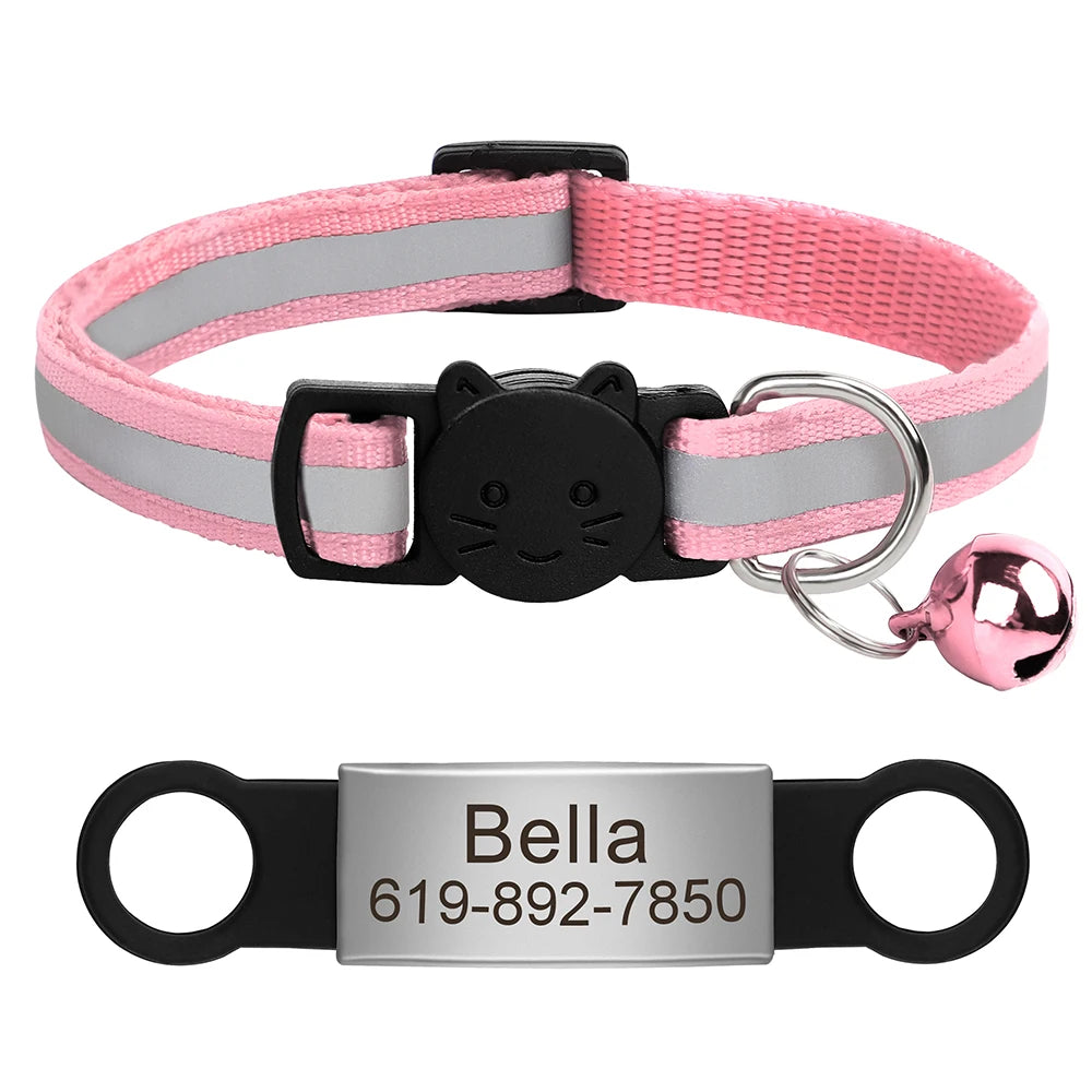 Personalized Reflective Cat Collar with Engraved ID Tag & Bell