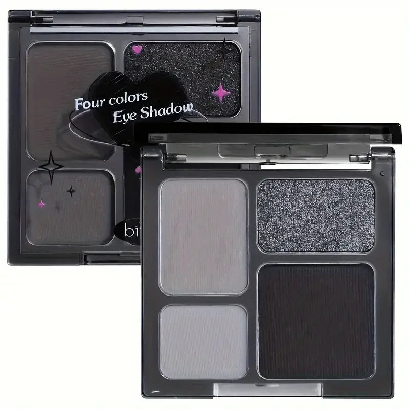 Palette fards à paupières 4 couleurs, mats et nacrés pailletés, smoky punk noir, gris, argent, maquillage Halloween