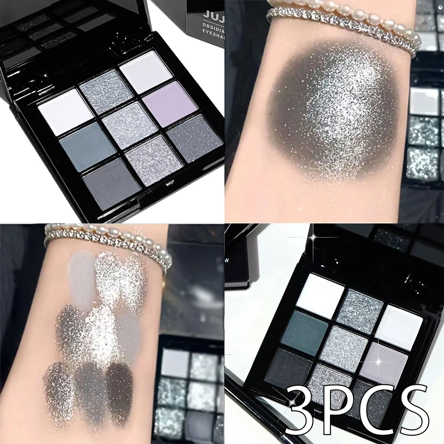Palette de fards à paupières 9 couleurs avec pinceau – Maquillage smoky gris-rose, fini mat et nacré, effet illuminant soyeux