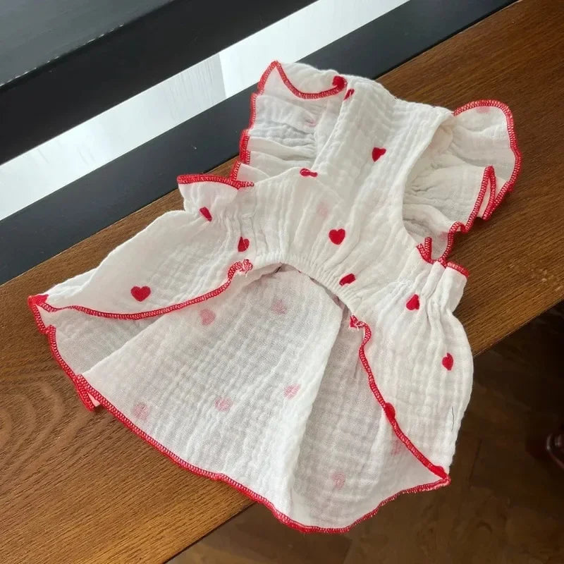 Heart Print Dog Dress with Bow – Cute Summer Princess Outfit for Small Dogs & Cats