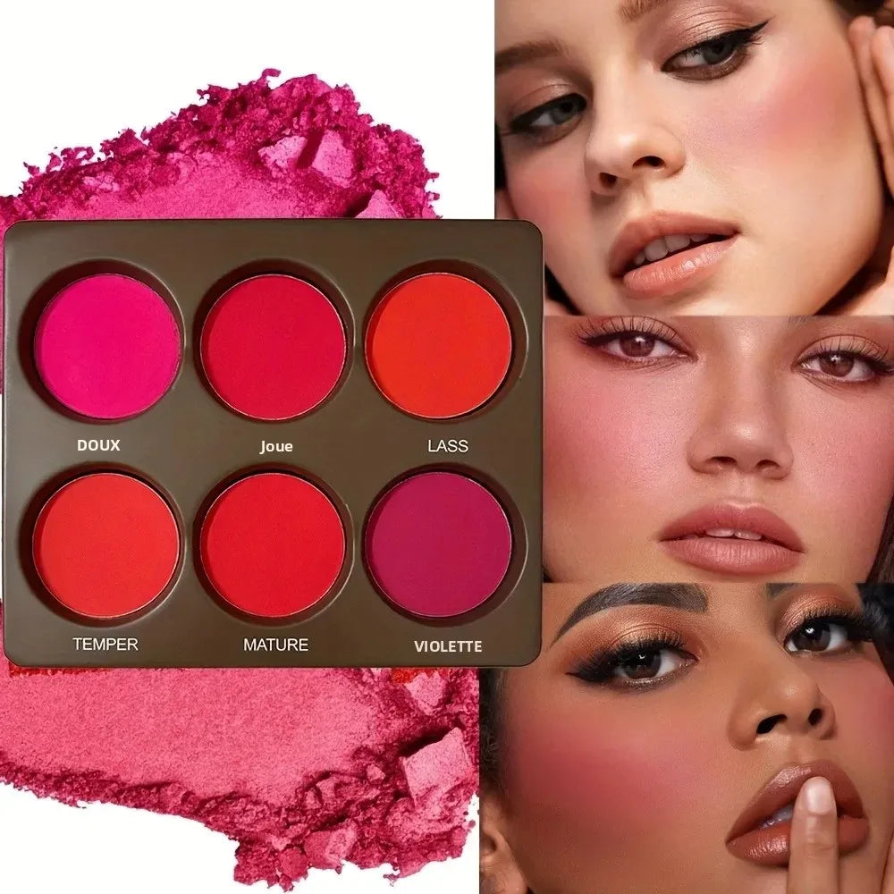 Set 1 palette de blush 6 couleurs – Mat et waterproof, couvrance modulable moyenne, longue tenue – Fini naturel, léger et respirant, avec pinceau offert