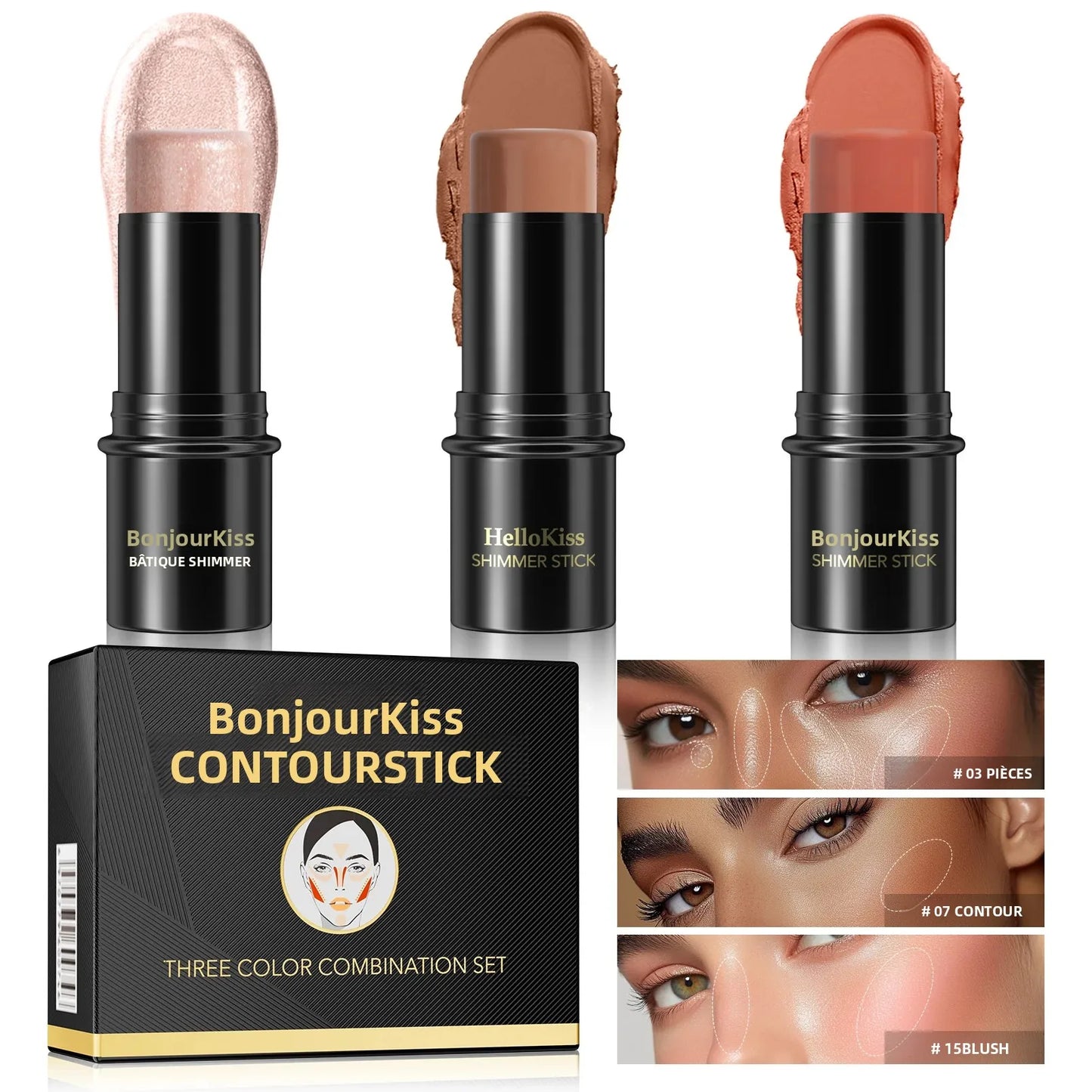 Set de 3 Correcteurs en Stick— Résistant à l’Eau, Contrôle du Sébum, Crème Multifonction pour Highlighter, Contour et Blush