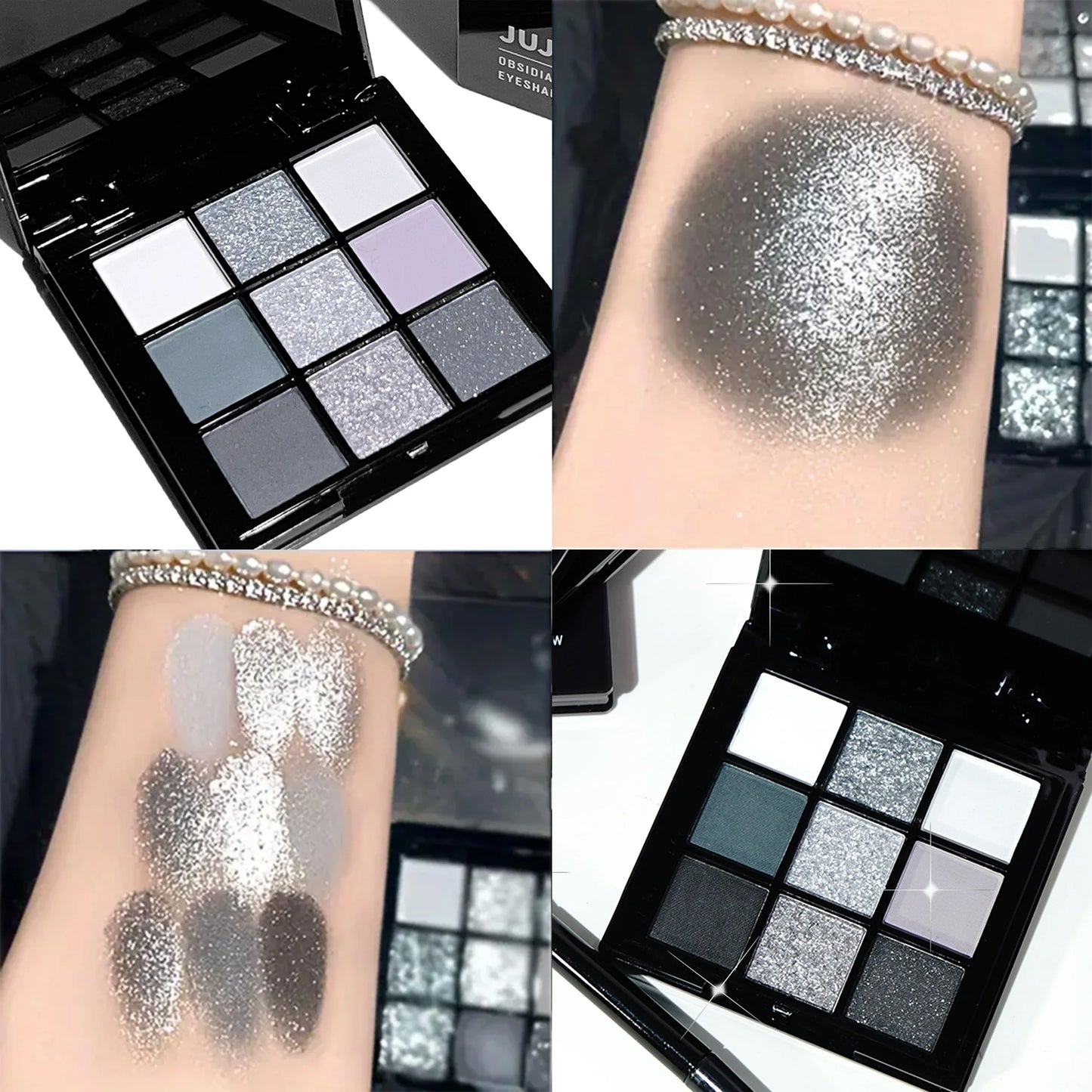 Palette de fards à paupières 9 couleurs avec pinceau – Maquillage smoky gris-rose, fini mat et nacré, effet illuminant soyeux