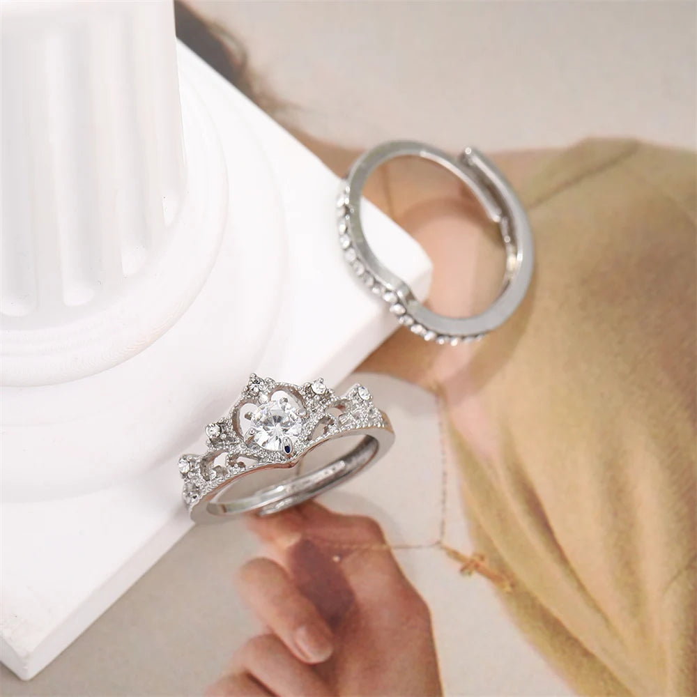 Bagues Couronne de Rotterdam Dégradé pour Femme et Adolescent, Clip, Coréen, Réglable, Argenté, Cadeau des Travailleurs, ix, Ensemble de Bijoux, Reine, 2 Pièces