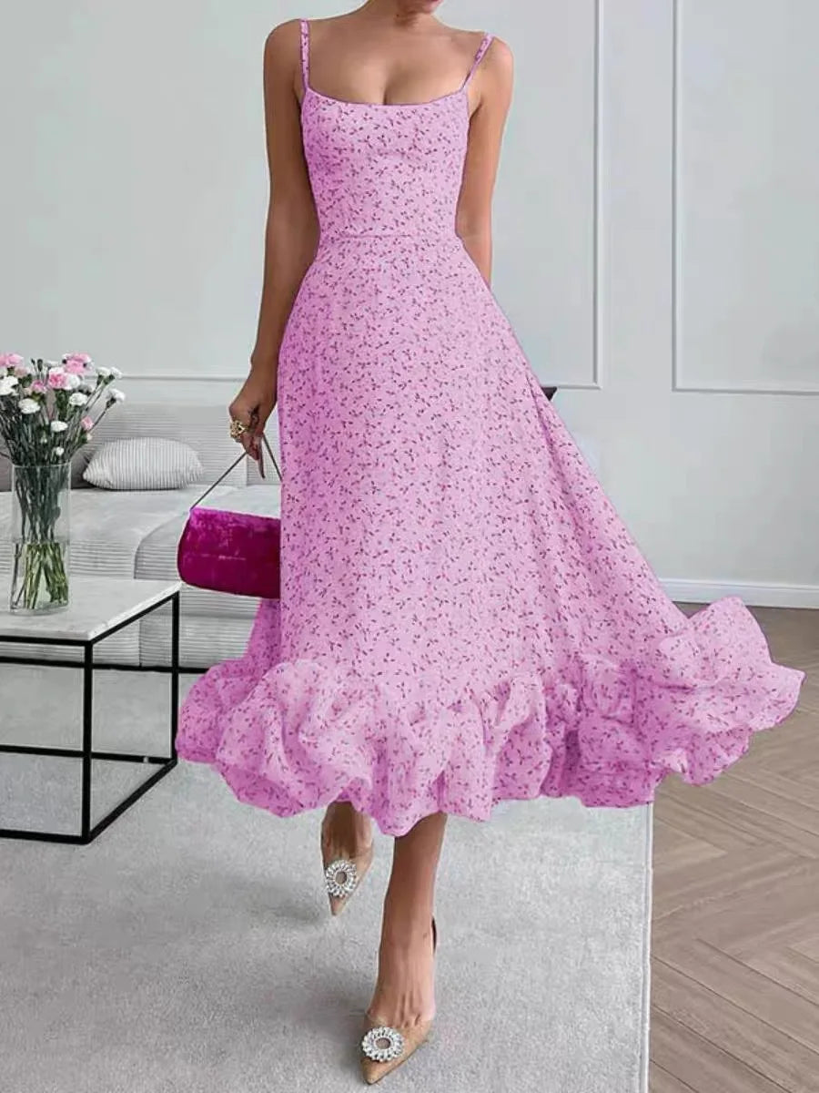 Robe Midi Florale Vintage Femme – Taille Haute, Coupe A-Line, Fleurs, Fluide, Rose/Bleu/Violet, Été 2025, Idéale Soirées et Événements