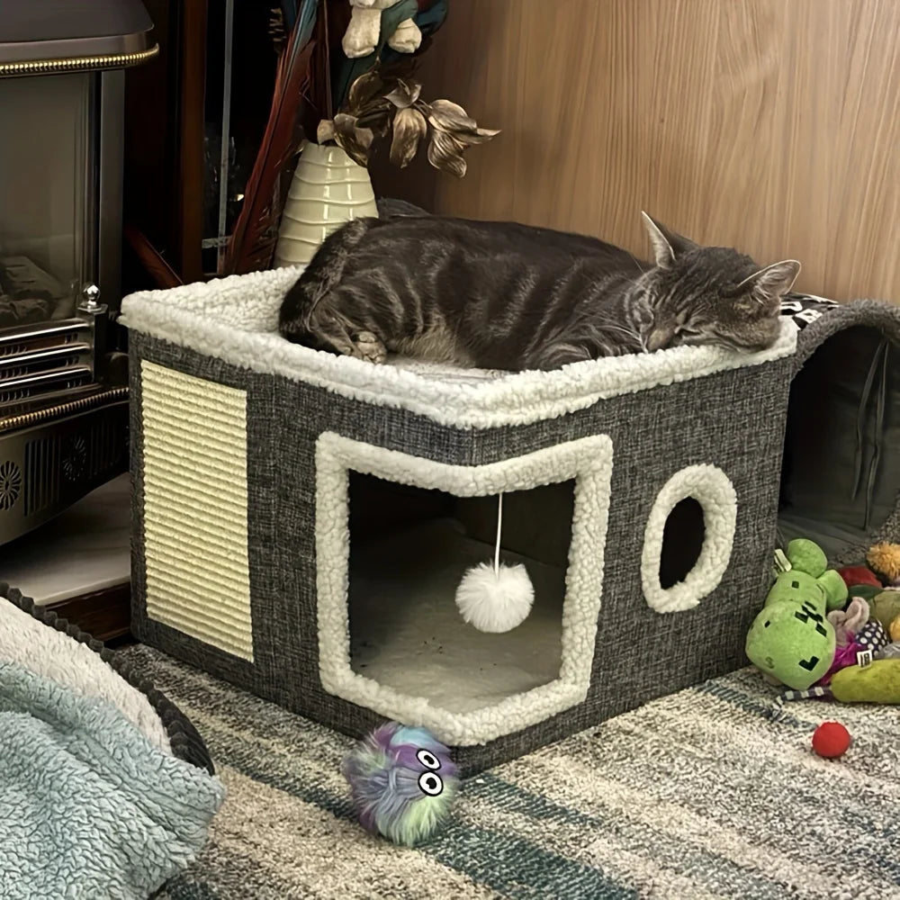 4-Season Multi-Level Cat House – Foldable Cat Cave Bed with Scratching Board