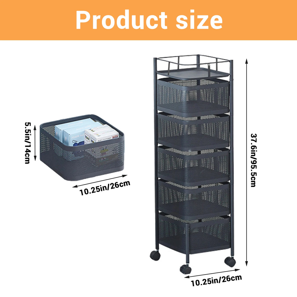 5-Tier Rotating Storage Rack with Wheels – Rolling Kitchen Organizer Basket Shelf