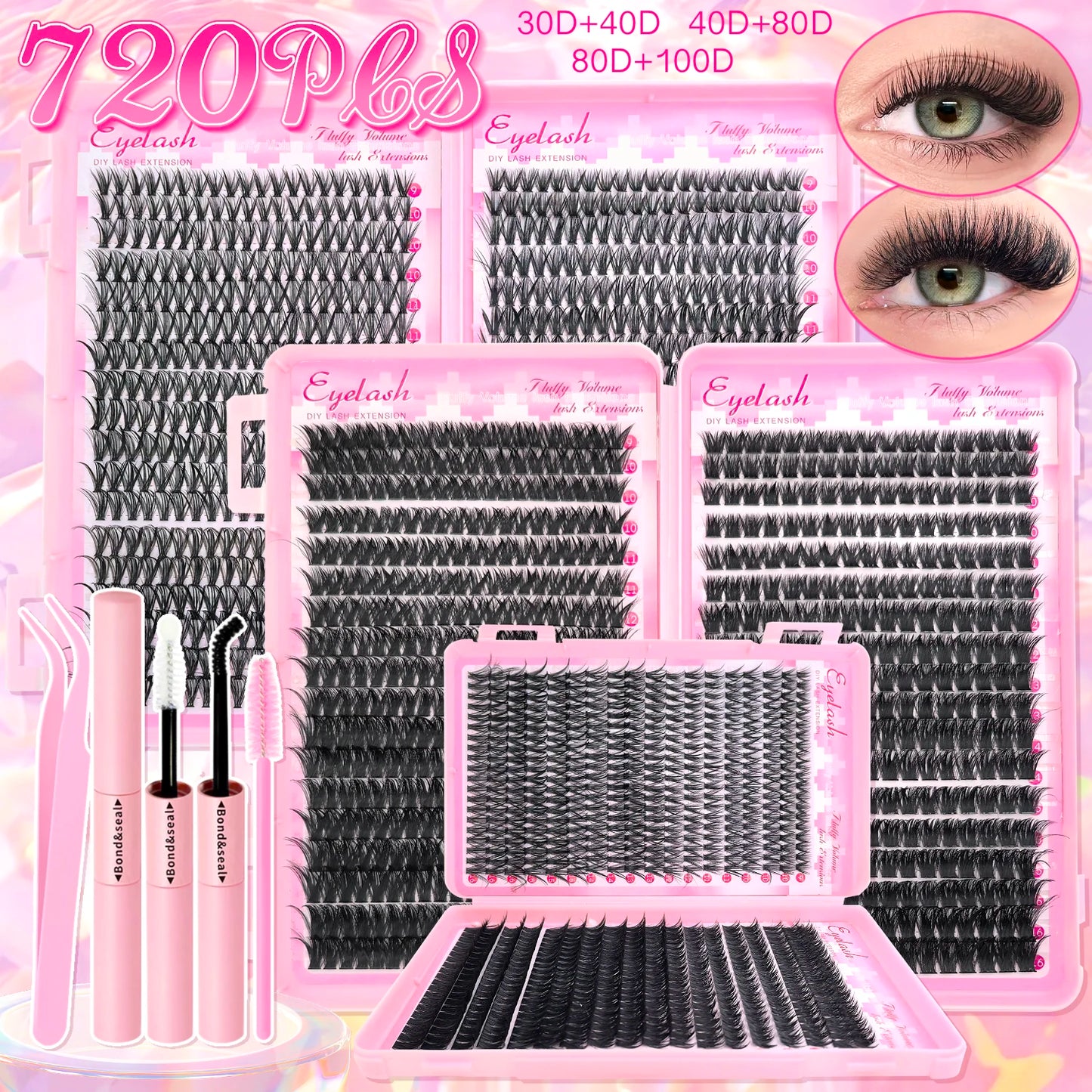 Kit Extension de Cils DIY 720 pcs Clusters Cils Individuels Avec Colle et Scellant Naturels Wispy