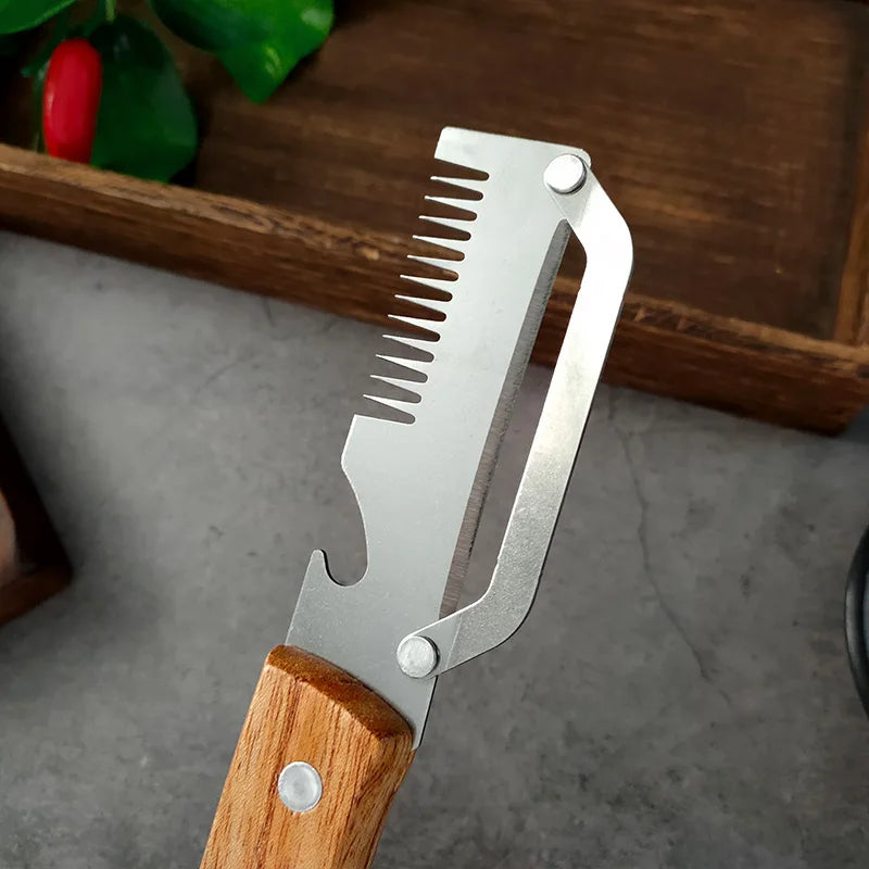 3-in-1 Stainless Steel Vegetable Peeler with Wooden Handle – Fruit & Potato Peeler with Built-In Bottle Opener