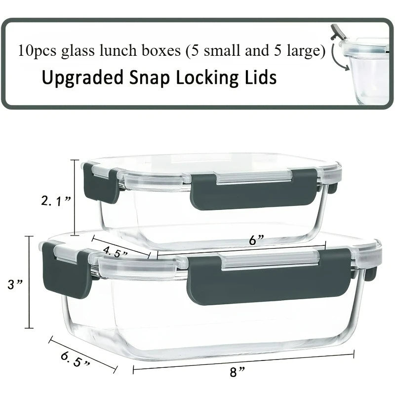 10-Piece Glass Food Storage Container Set – Airtight & Leakproof Lunch Boxes