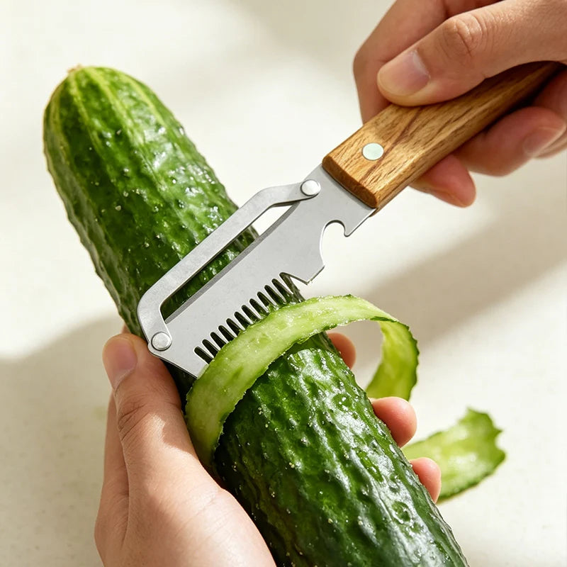 3-in-1 Stainless Steel Vegetable Peeler with Wooden Handle – Fruit & Potato Peeler with Built-In Bottle Opener