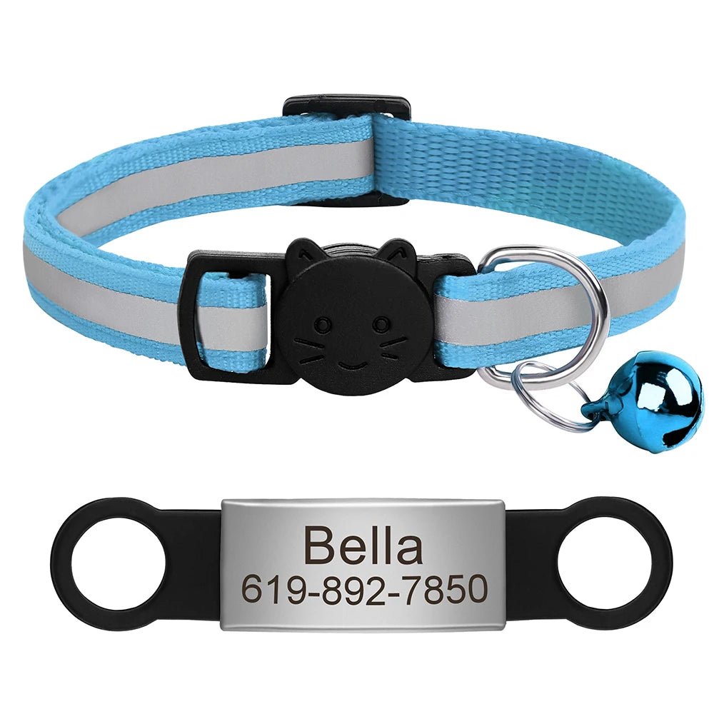 Personalized Reflective Cat Collar with Engraved ID Tag & Bell