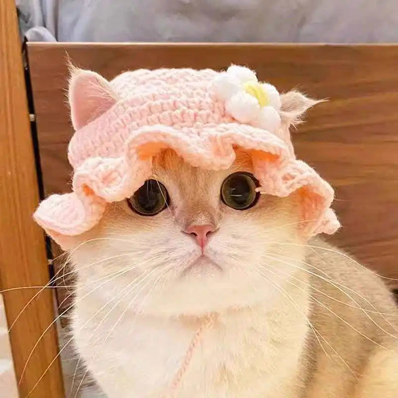 Cute Flower Crochet Pet Hat – Knitted Cap for Cats & Small Dogs
