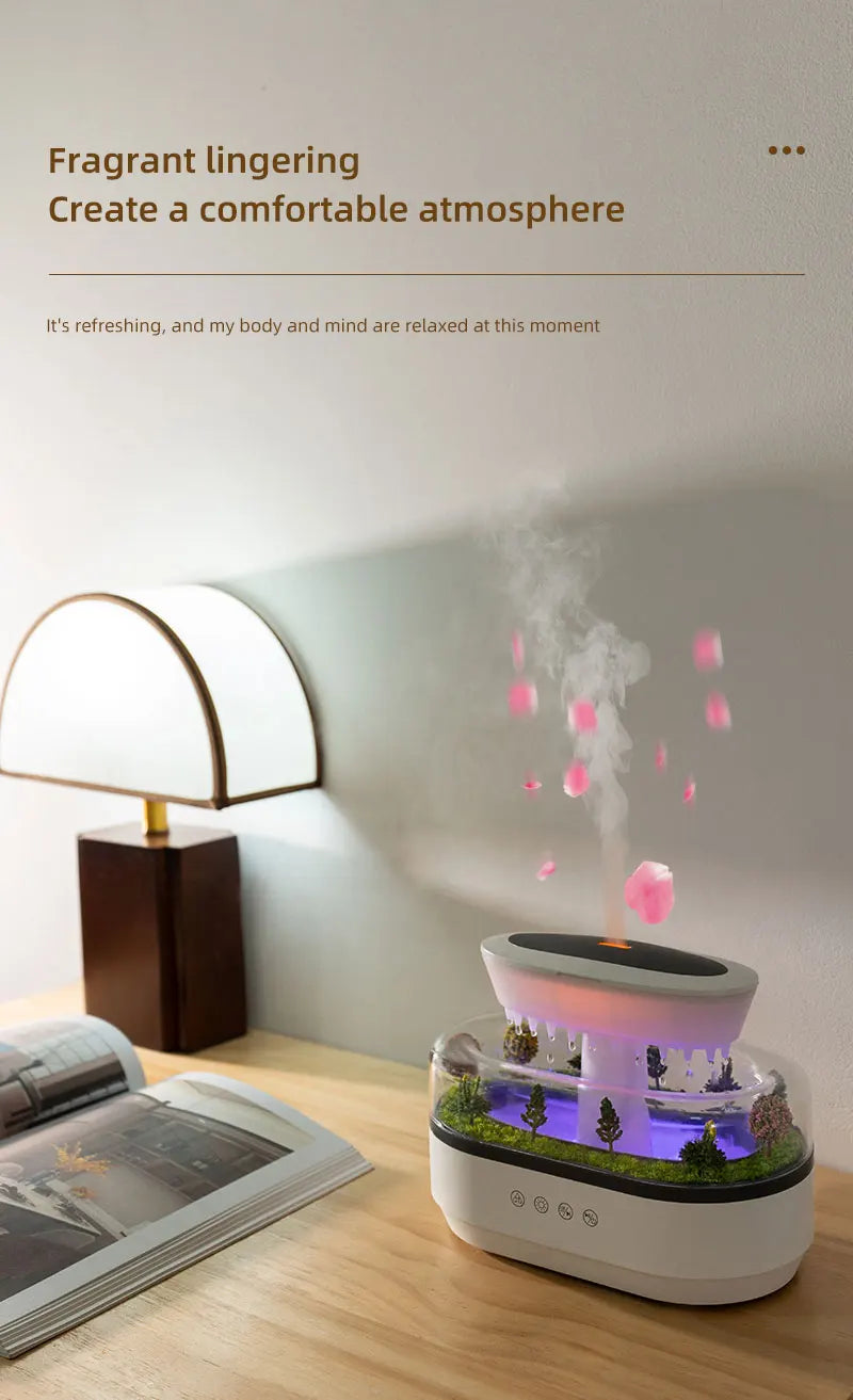 Raindrop Aroma Diffuser – Ultrasonic Humidifier with White Noise & Colorful LED Lights