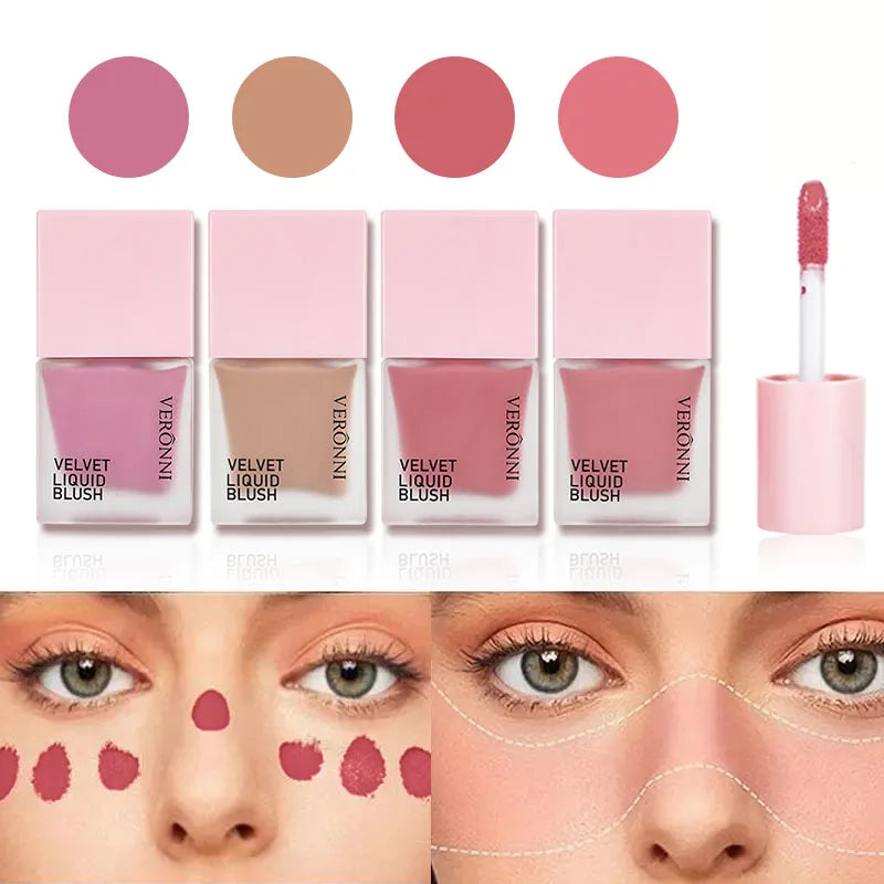 Blush liquide 4 couleurs 5 ml – Longue tenue et facile à estomper, teinte vegan pour les joues – Effet naturel ou éclat intense, fini lumineux ou mat