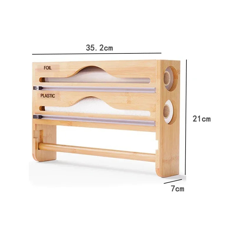 Bamboo Wall Mounted Kitchen Organizer – Cling Film & Foil Cutter Storage Box