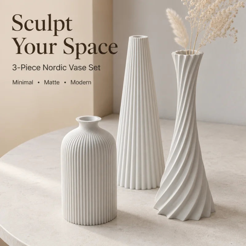 3-Piece Wabi-Sabi Ribbed Vase Set – Matte Off-White Decorative Vases for Home Decor