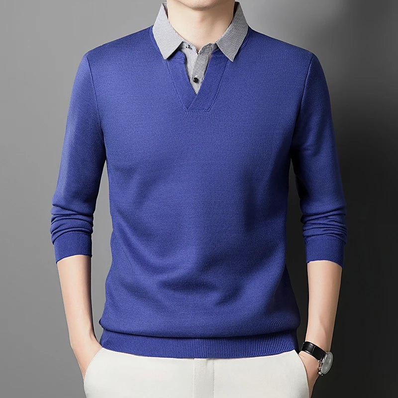 Faux pull deux pièces pour hommes, haut de Base à motif gaufré, col de chemise d'affaires, T-shirt à manches longues pour hommes, nouvelle collection automne et hiver