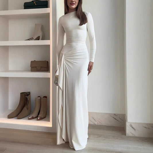 Robe de Soirée Élégante pour Femmes – Manches Longues, Effet Froncé, Fente, Luxe et Sexy, Idéale pour Soirées, Hiver et Prom