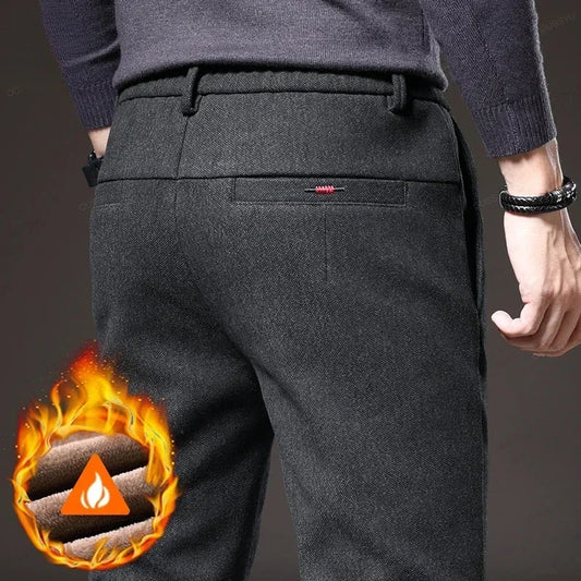 Pantalons d'hiver hommes chaud taille élastique épais brossé doublé polaire travail pantalon décontracté mâle formel bureau mince robe d'affaires en peluche
