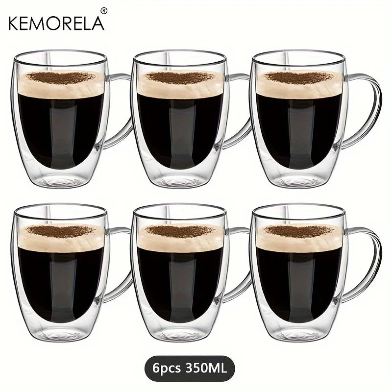 Double Wall Glass Coffee Mug with Handle – 350ml Insulated Cappuccino, Tea & Latte Cup (2/4/6 PCS)
