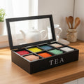 Wooden Tea Bag Storage Box with Clear Lid – 8 Compartment Organizer Case