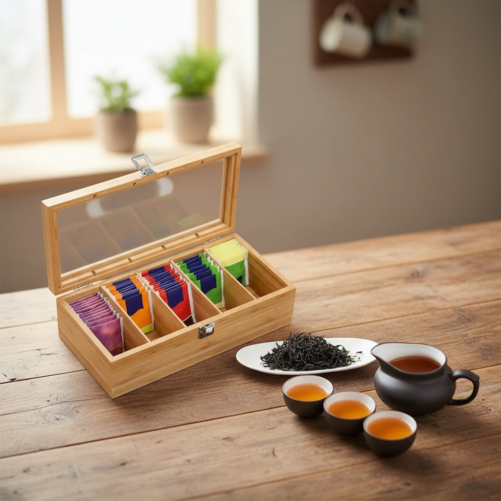 Bamboo Tea Bag Storage Box – 5 Compartment Organizer for Tea, Coffee & Spices