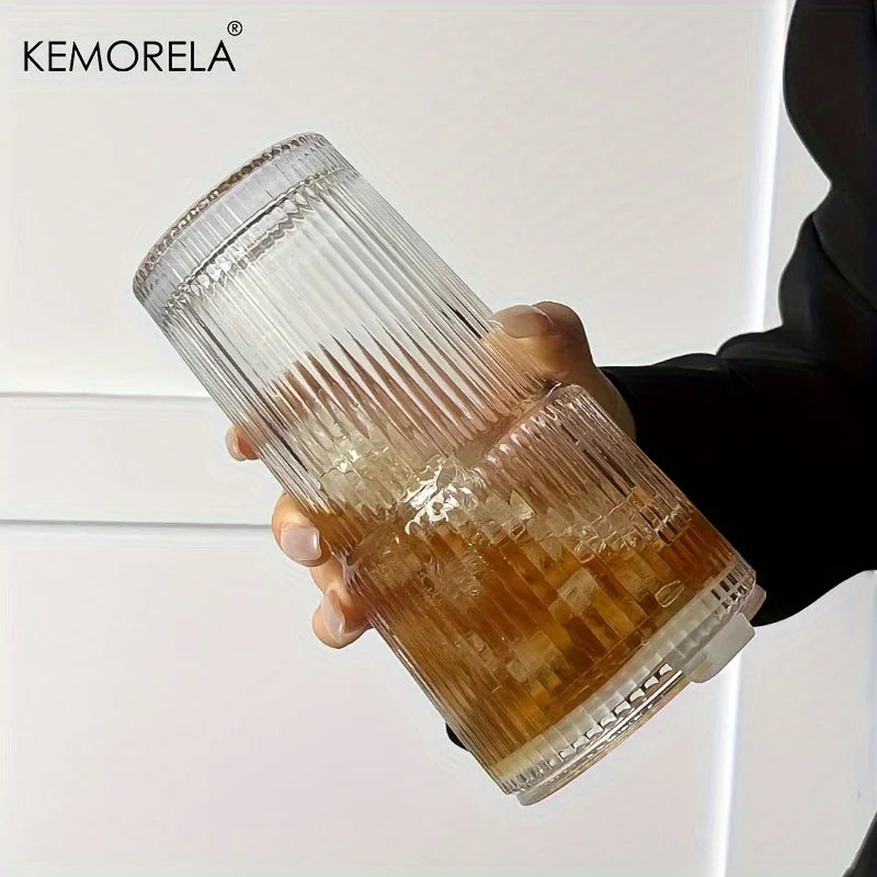 600ml Ribbed Glass Coffee Cup with Lid & Straw – Transparent Tumbler for Iced Coffee, Juice & Cold Drinks