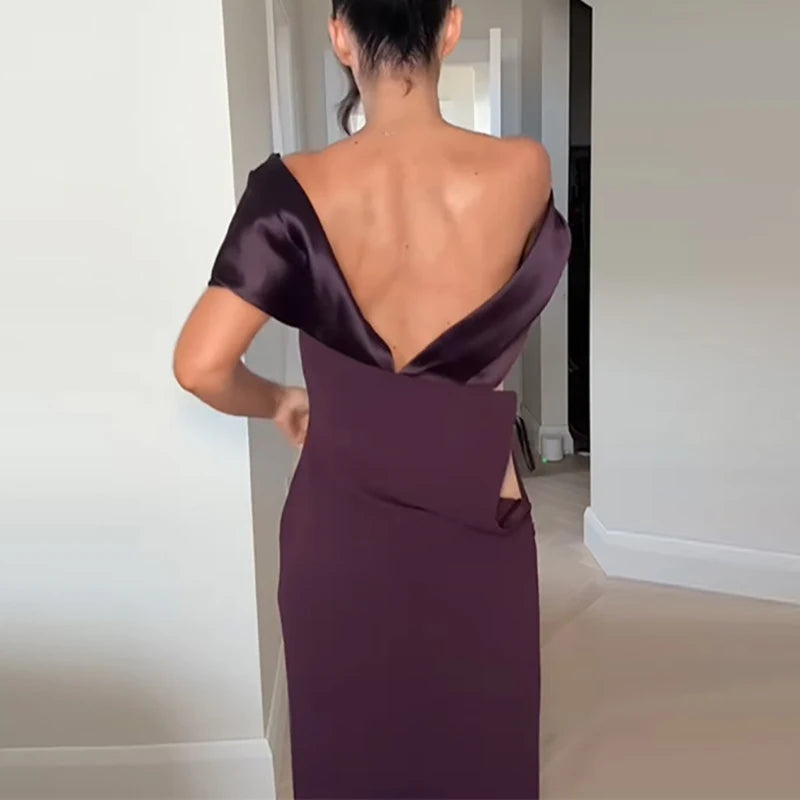 Robe Longue Femme Patchwork – Slim A-Ligne à Col Slash, Manches Courtes, Style Sexy & Club