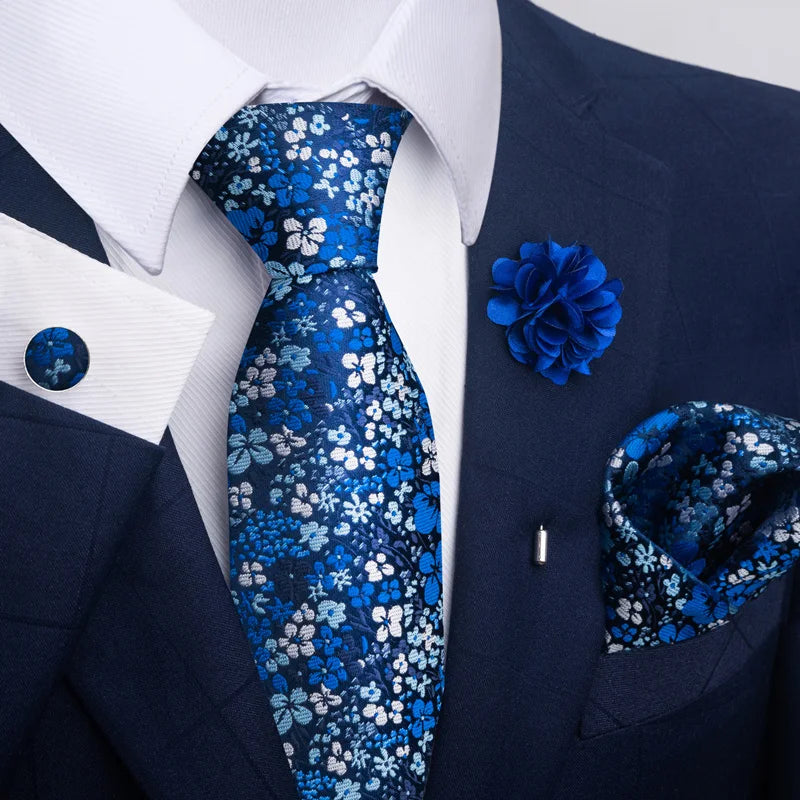 « Set Cravate Homme 8 cm – Bleu Floral avec Pochette & Boutons »