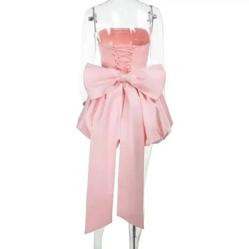 Mini Robe Sexy Femme – Robe Bustier Sans Dos avec Nœud