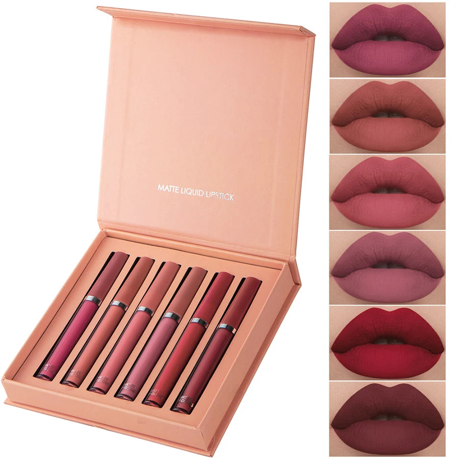 Coffret cadeau 6 pièces — Rouge à lèvres liquide mat velours | Waterproof et hydratant | Tenue longue durée | Gloss élégant pour maquillage lèvres parfait
