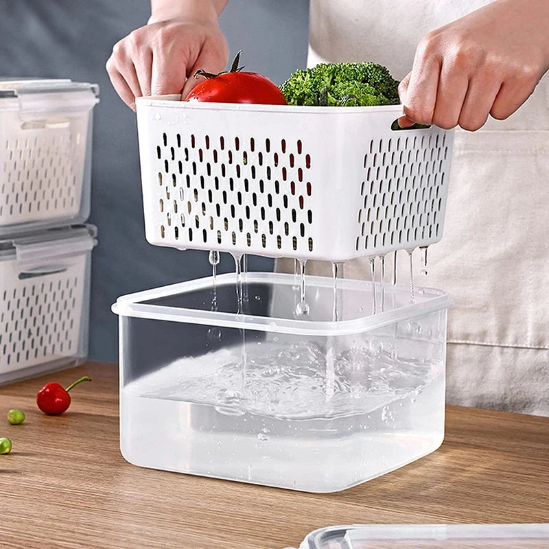 Fruit Storage Containers For Fridge With Removable Colander, Airtight Food Storage Container, Dishwasher Safe Produce Saver