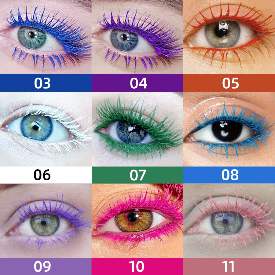 Mascara 5D waterproof vibrant 9 couleurs longue tenue recourbant bleu, vert, noir extensions cils