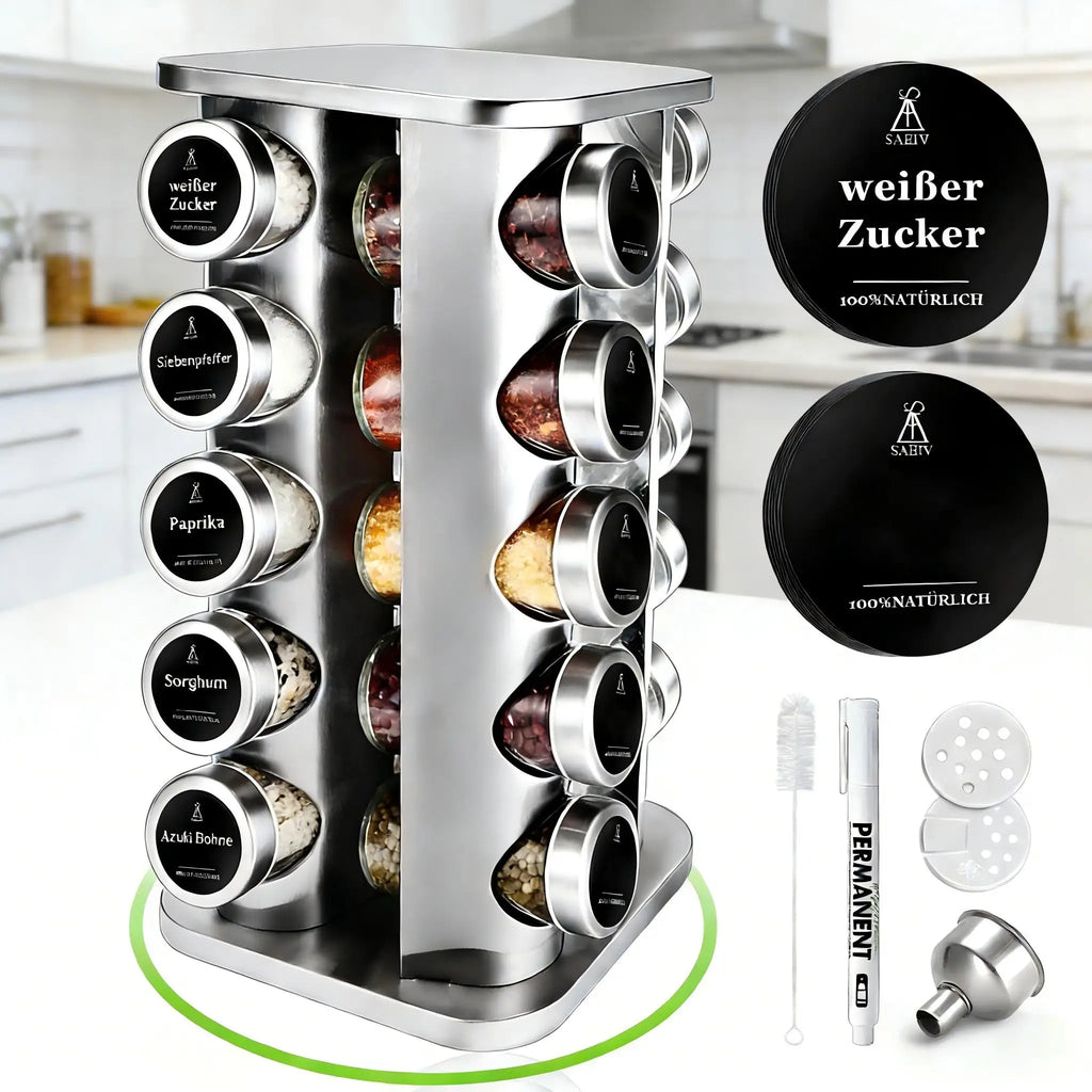 360° Rotating Stainless Steel Spice Rack with 20 Glass Jars – Kitchen Organizer Set