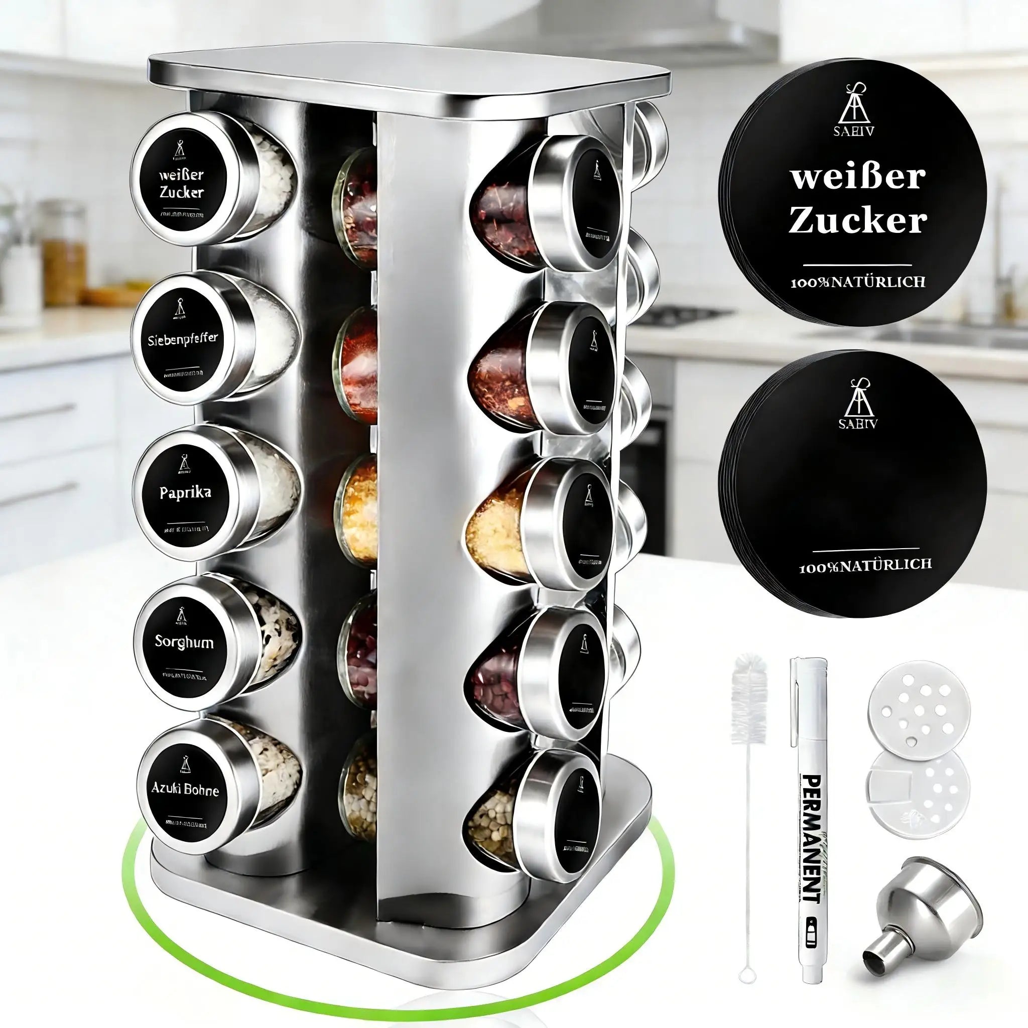 360° Rotating Stainless Steel Spice Rack with 20 Glass Jars – Kitchen Organizer Set