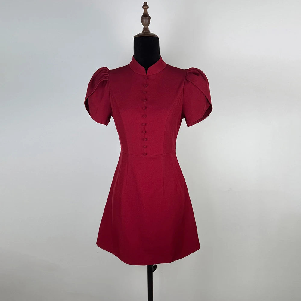 Mini Dress Femme – V-Neck, Puff Sleeve, A-Line Slim