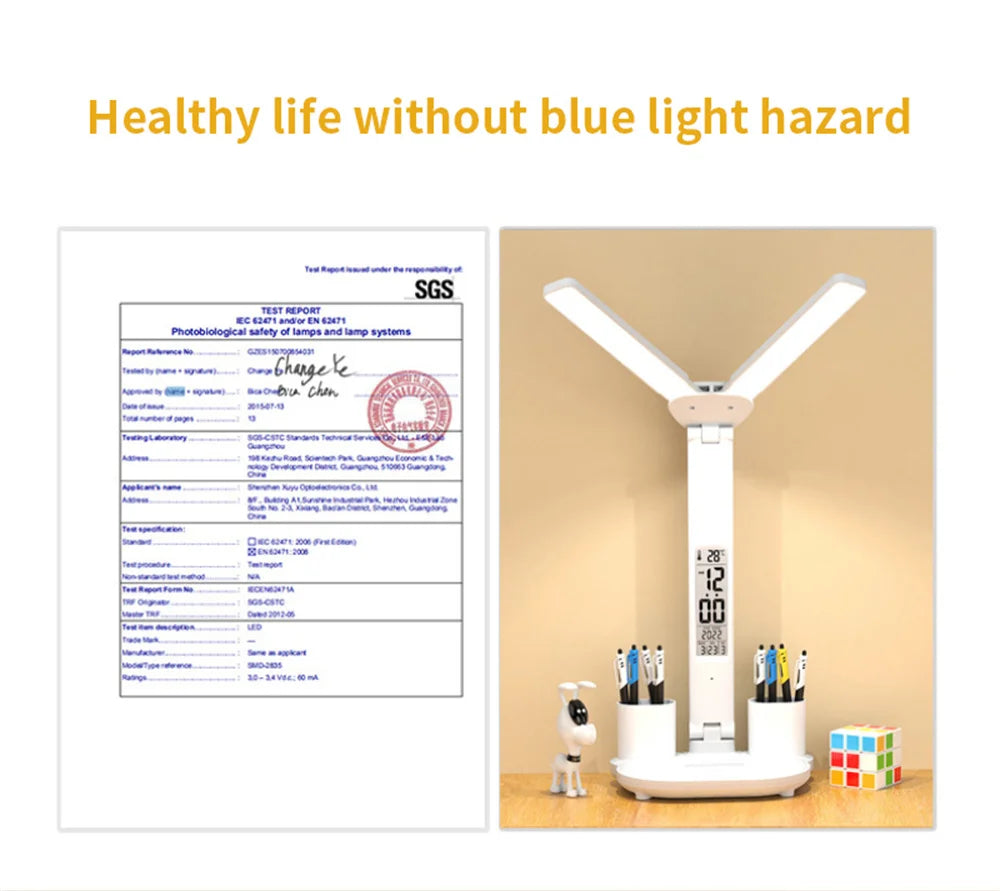 LED Desk Lamp with Clock & Temperature Display – USB Rechargeable Touch Control Reading Light